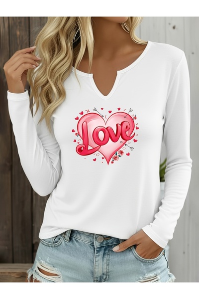 mercoledi Love Printed Cotton V-Neck Long Sleeve Blouse