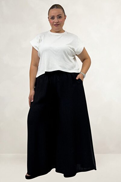 Eslina 69009 Plus Size Elastic Waist Double Tensel Trouser Skirt - Black