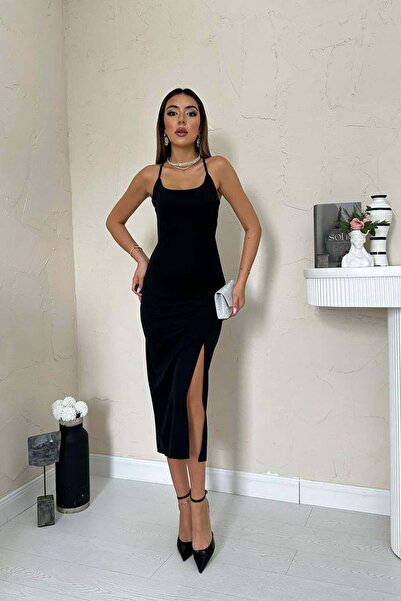 Moda Days Γυναικείο μαύρο φόρεμα με λεπτές τιράντες, τετράγωνο λαιμόκοψη, ανο...