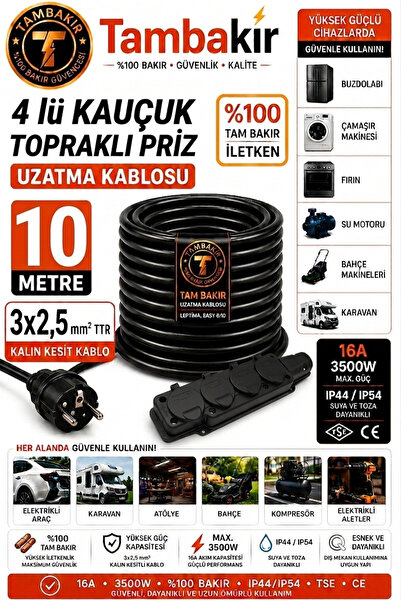 Tambakır 4'lü Kauçuk Topraklı Uzatma Kablosu 5-50 Metre 3x2,5mm TTR Tekli %10...