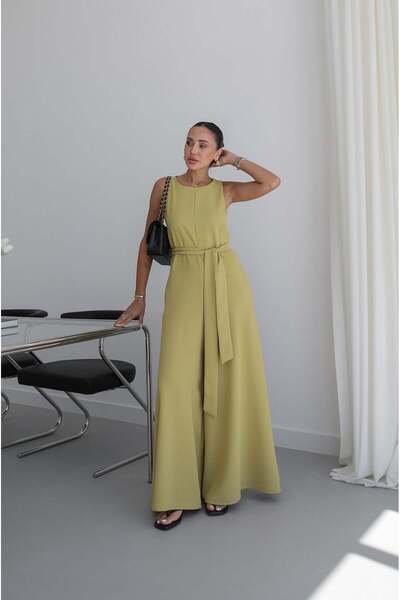 Havoş Oil Green Belted Zero Sleeve Jumpsuit
