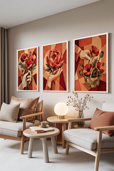 Zestia White Framed 3-Piece Painting Set, Handmade Poppy Bouquet, Cubist Art ...