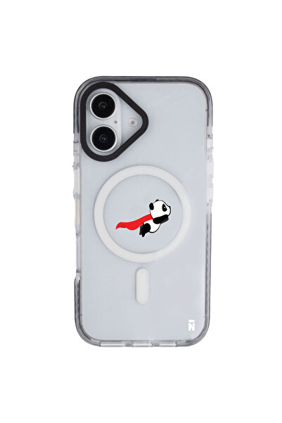 Casen iPhone 16 Yanları Siyah Magsafe Arty Şeffaf Fliying Panda Tasarımlı Pre...