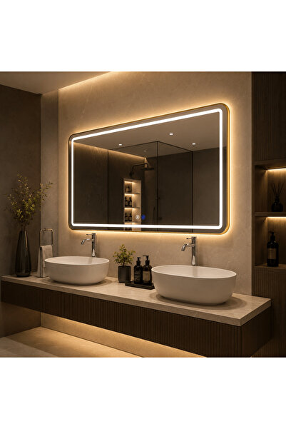 shark design LED огледало 150×80 см със златиста рамка с ефект на шлайфан мет...