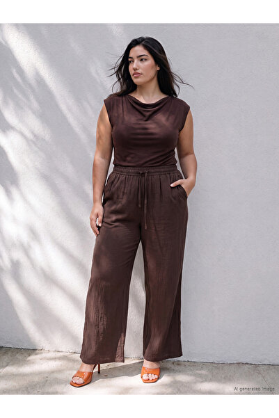 LC Waikiki Brown Wide Leg Women's Trousers with Elastic Waist