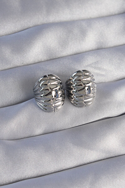 deluxe takı ve giyim Brass Silver Color Serrated Minimal Curved Design Earrings