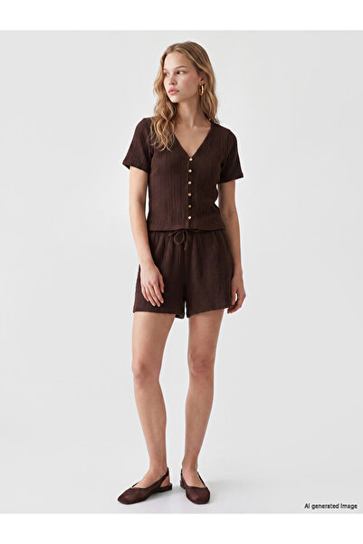 LC Waikiki Brown Textured Women's Shorts with Elastic Waist