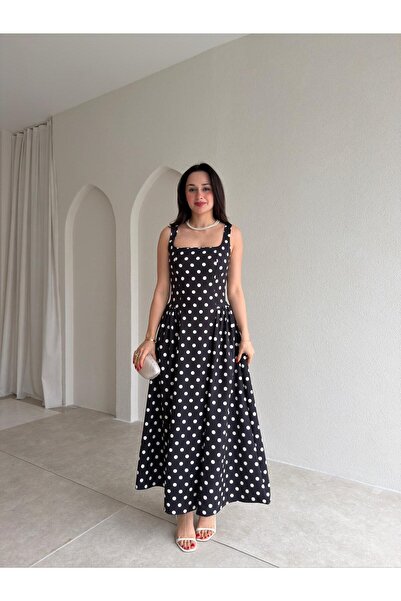 Mooi Butik فستان ماكسي منقط من WOOD 9009 - أسود