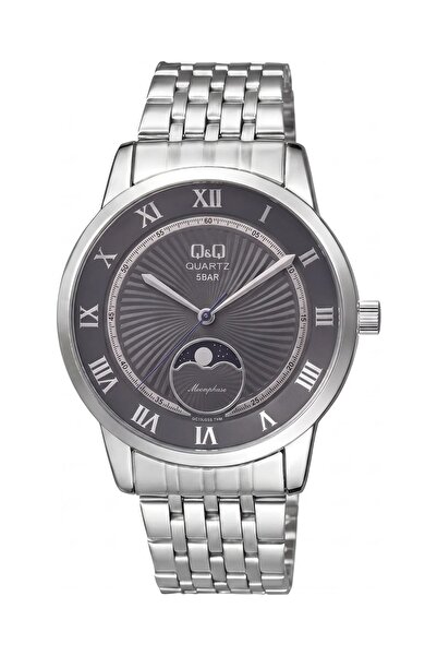 Q&Q Gri Kadran Moonphase Göstergeli Su Geçirmez Gümüş Çelik Kordon Erkek Kol ...