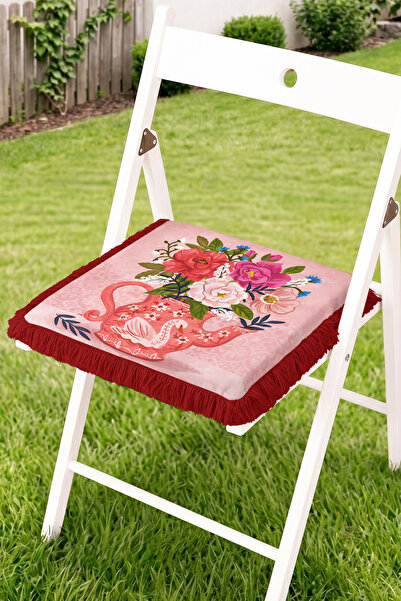 Realhomes Fringed Zippered Chair Cushion with Flower Bouquet and Teapot Illus...