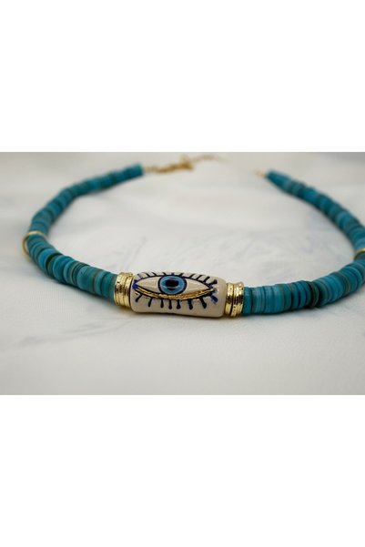 La sauvagine Turquoise Miyuki Beaded Evil Eye Bead Detailed Choker Necklace