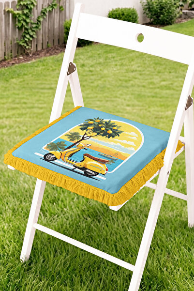Realhomes Beach View Yellow Scooter and Orange Tree Patterned Fringed Zippere...