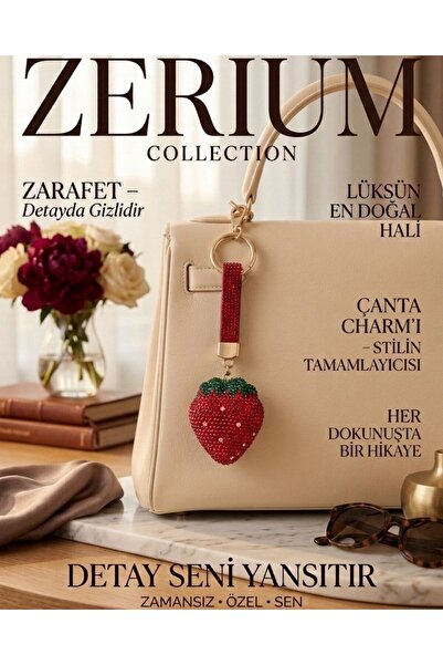 ZERİUM Trendy Bag Charm and Ornament Keychain with Crystal Stones and Strawbe...