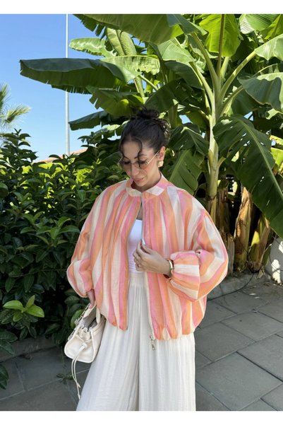 LİNDALİNA TEKSTİL Kadın Turuncu Oversize Çizgili Bomber Ceket