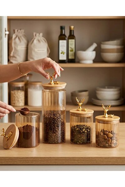 LeylArt 4-Piece Borosilicate Glass Jar Set with Deer Figures for Kitchen 500-...