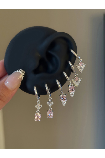 h&b design jewel Çelik Pembe Üçgen Detay 6 Lı Küpe Seti