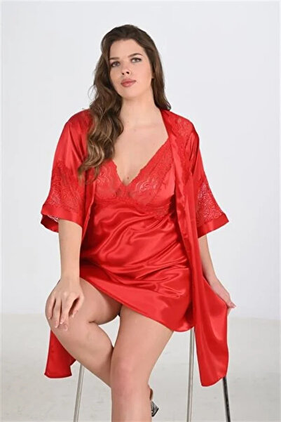 SS HOME CONCEPT Premium Plus Size Satin Lace Embroidered Red 2-Piece Nightgow...