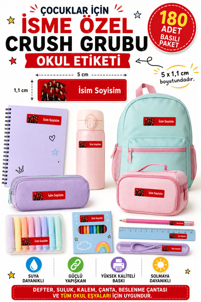 İsme Özel Crush Etiket Sticker - Okul Etiketi 180 Adet - Crush Grup Okul Stickeri
