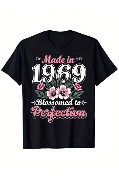 4Car 1pc Black Vintage 1969 Graphic Tee With Floral Design Blossomed In Perfe...