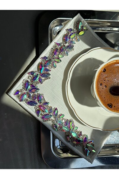 LUXURY El Yapımı Janjan Kristal Taş İşlemeli Kumaş Sunum Peçetesi - Lüks Kahv...