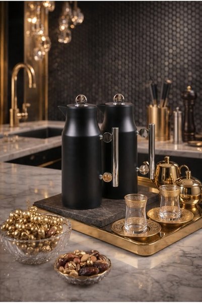 ZALA Twin Thermos Set 1L + 1L Vacuum Flask | Premium Glass Liner Hot & Cold Tea & Coffee Server with Push Button for Hospitality & Gifting