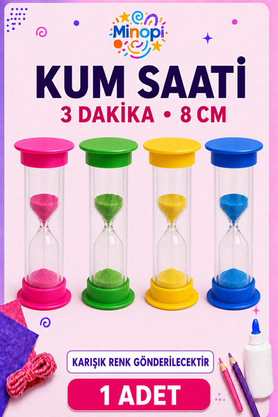 Minopi 3 Dakikalık Kum Saati 8 cm – Sınıf ve Oyun Paketi