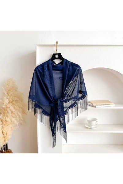 EMAYS DESIGN شال كتف نسائي أنيق من الدانتيل باللون الأزرق الداكن، مناسب لحفلات الزفاف والخطوبة والسهرات