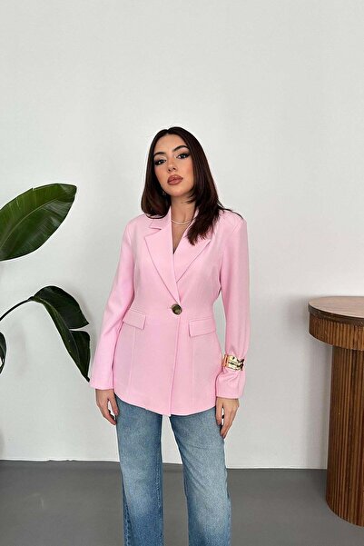 Moda Days سترة نسائية وردية اللون، مبطنة، بزر واحد، مع جيوب بغطاء.