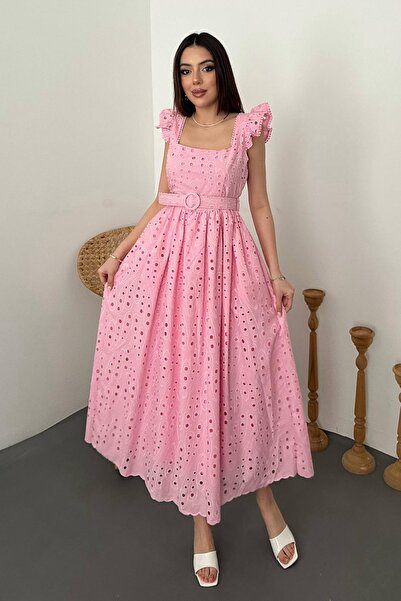 Clothes Fast Women's Pink Brode Embroidered Square Neck Ruffle Sleeve Belted ...