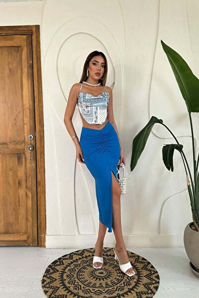 Clothes Fast Γυναικεία μπλε φούστα μίντι με σκίσιμο, με λεπτομέρεια με κορδόν...