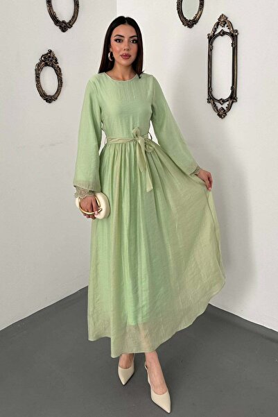 Moda Days فستان نسائي طويل الأكمام من تشاجلا بتصميم A-line مع أربطة دانتيل وحزام