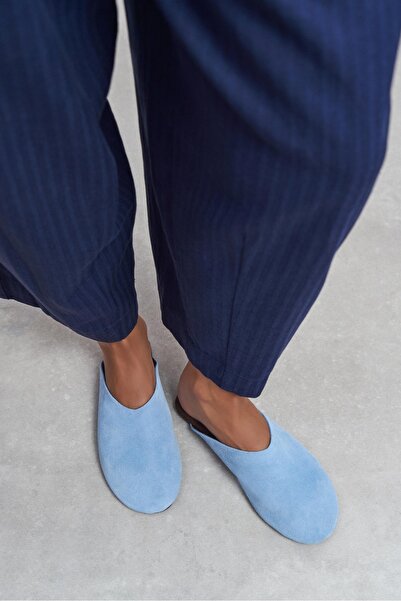 NİŞANTAŞI SHOES Liam Baby Blue Suede Leather Flat Sole Closed Women's Slippers