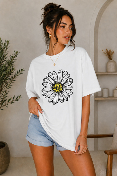 FECCY Premium Large Daisy Printed Oversize Γυναικείο T-Shirt Βαμβακερό Oversi...