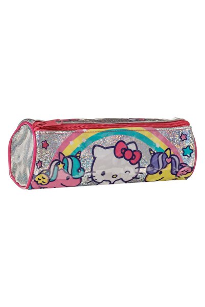 OEM Penar rotund holografic argintiu Hello Kitty, 8x22,5cm, cu fermoar roz