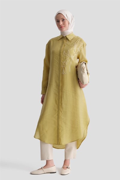 Armine Embroidery Detailed Tunic Dress in Oil Green