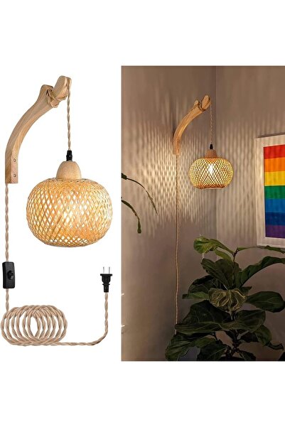 STARSTAR Bamboo lantern - style wall lamp with plug - in power cord, rattan w...