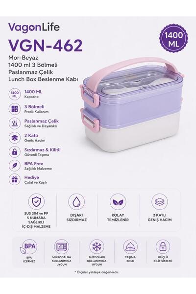 Vagonlife VGN-462 Mor-Beyaz 1400 ml 3 Bölmeli Paslanmaz Çelik Lunch Box Besle...