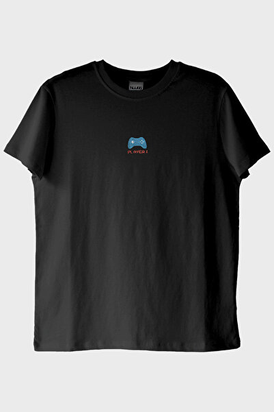 lofux Player 1 Joystick Patterned Embroidery Black T-Shirt - for Gamer Couples