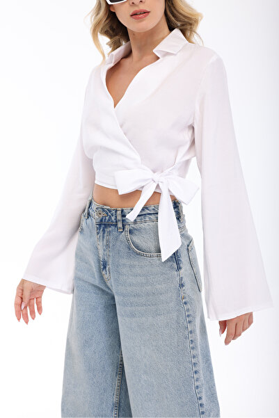 blayn jeans Blayn Women's White Double Breasted Collar Belted Waist Long Slee...