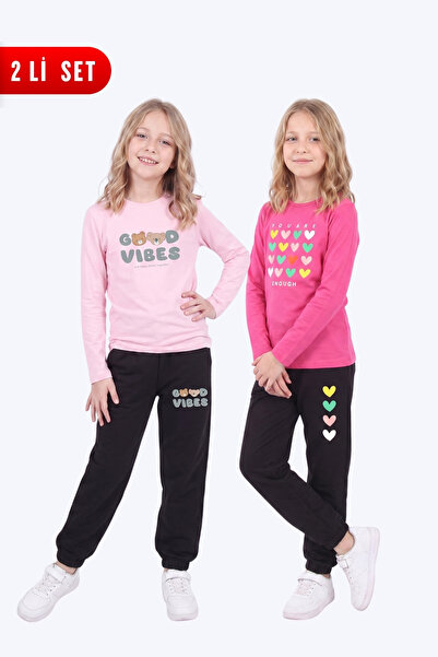 FYK KİDS Girl's 2-Piece Printed Long Sleeve Single Jersey Tracksuit Set