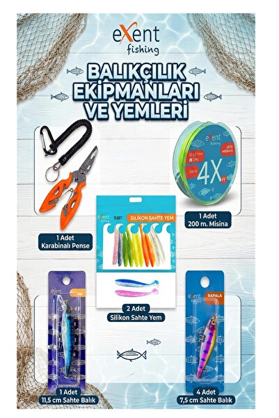 Exent Balıkçılık Ekipmanları ve Yemleri Seti (Pense - Misina - Silikon Yem - ...