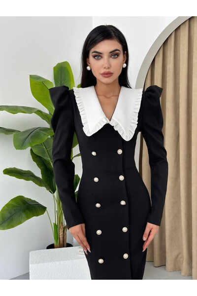 Moda Days فستان نسائي أسود متوسط الطول بياقة واسعة مكشكشة وأكتاف بالونية مع ت...