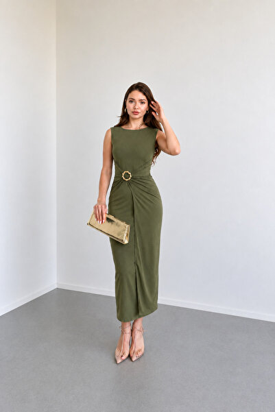 Nika Fashion Meloni Sıfır Kol Aksesuarlı Sandy Elbise