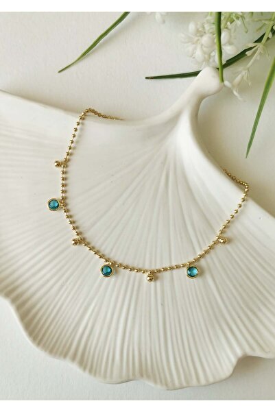 Halley Concept Blue Round Stone Detailed Gold Steel Anklet 23+5 cm