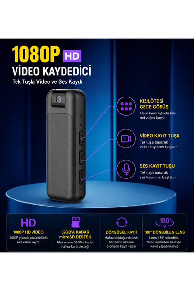 AteşTech 1080P HD Gece Görüşlü Mini Cep Kamerası Yaka Kamerası Video ve Ses Kaydedici 180° Dönebilen Lens 32GB Kart Destekli