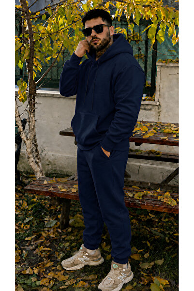 YAKAMEL Erkek Kapşonlu 3 İplik Şardonlu Salaş Bol Hoodie Eşofman Takımı