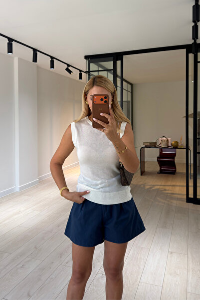 Sezgi Tekin Crew Neck Sleeveless Ecru Thin Knitwear Blouse