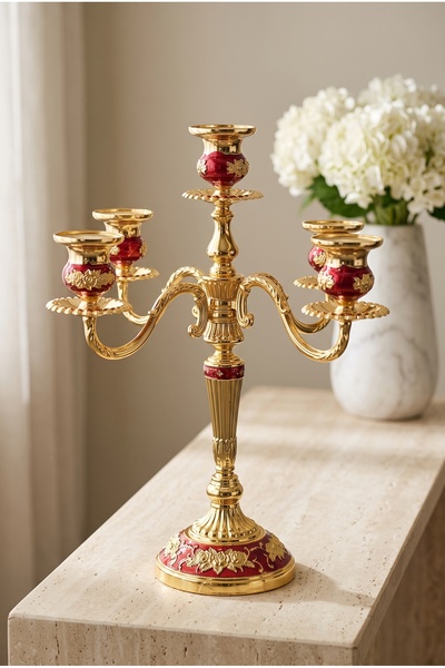 RASHA COLLECTION Altın Renk 5 Kollu Dekoratif Şamdan 37 cm