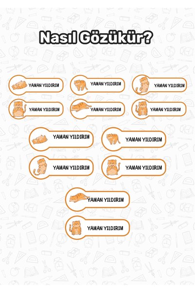 alışveriş kurdu Okul Etiketi Kalem Defter Etiketi Özel İsim Yazılabilen Etiket Sticker Kedi Temalı 183 Adet