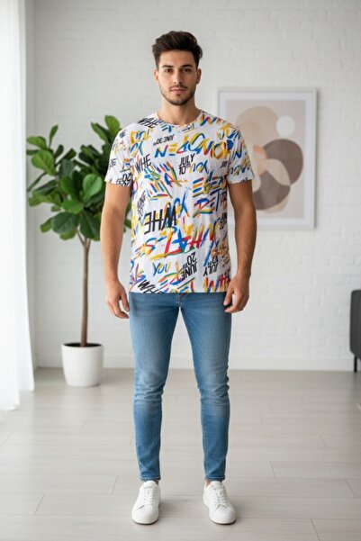 OEM Tricou bărbătesc din bumbac cu imprimeu abstract, mâneci scurte, guler ro...